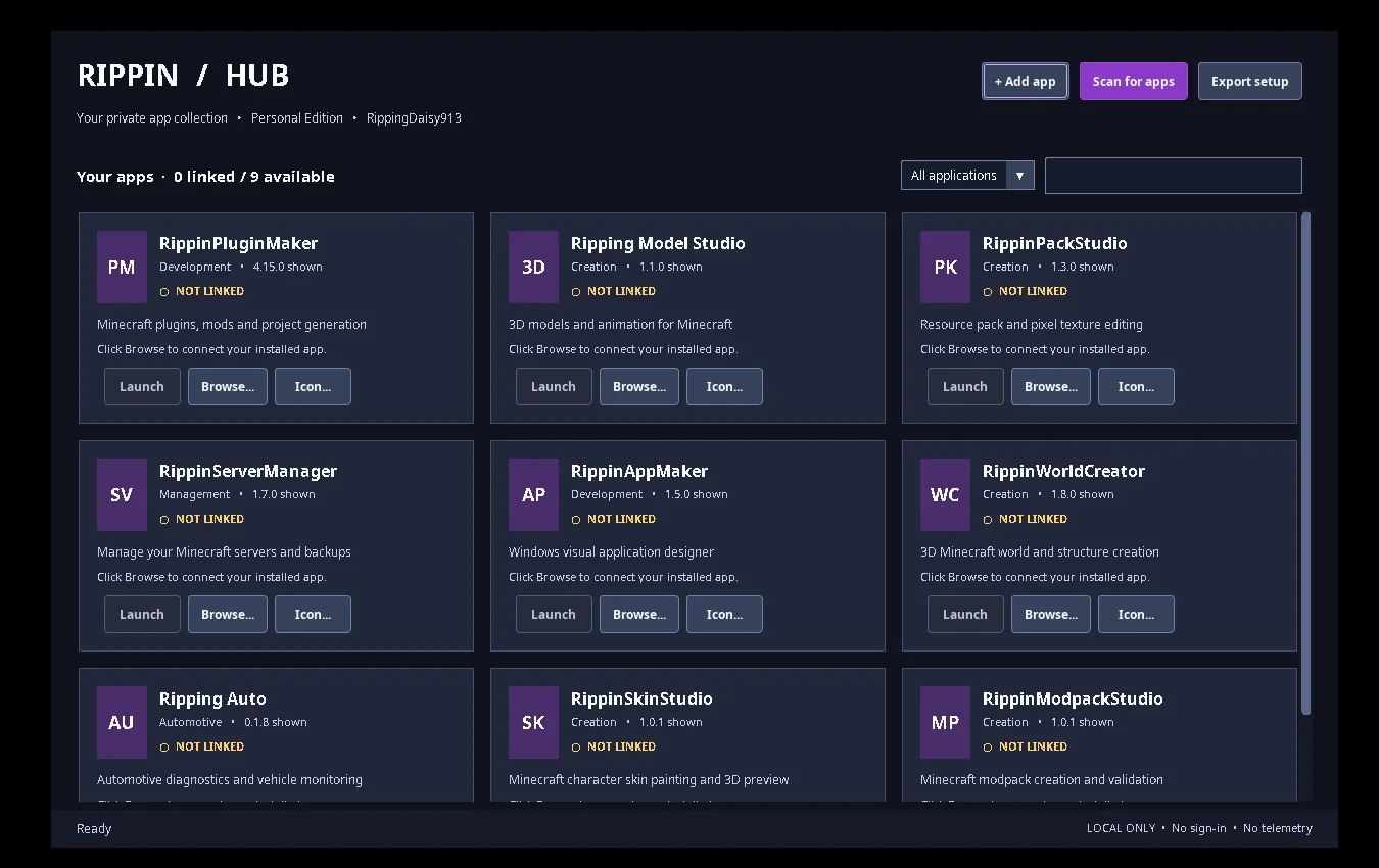 RippinHub interface — earlier 1.0.3 test capture