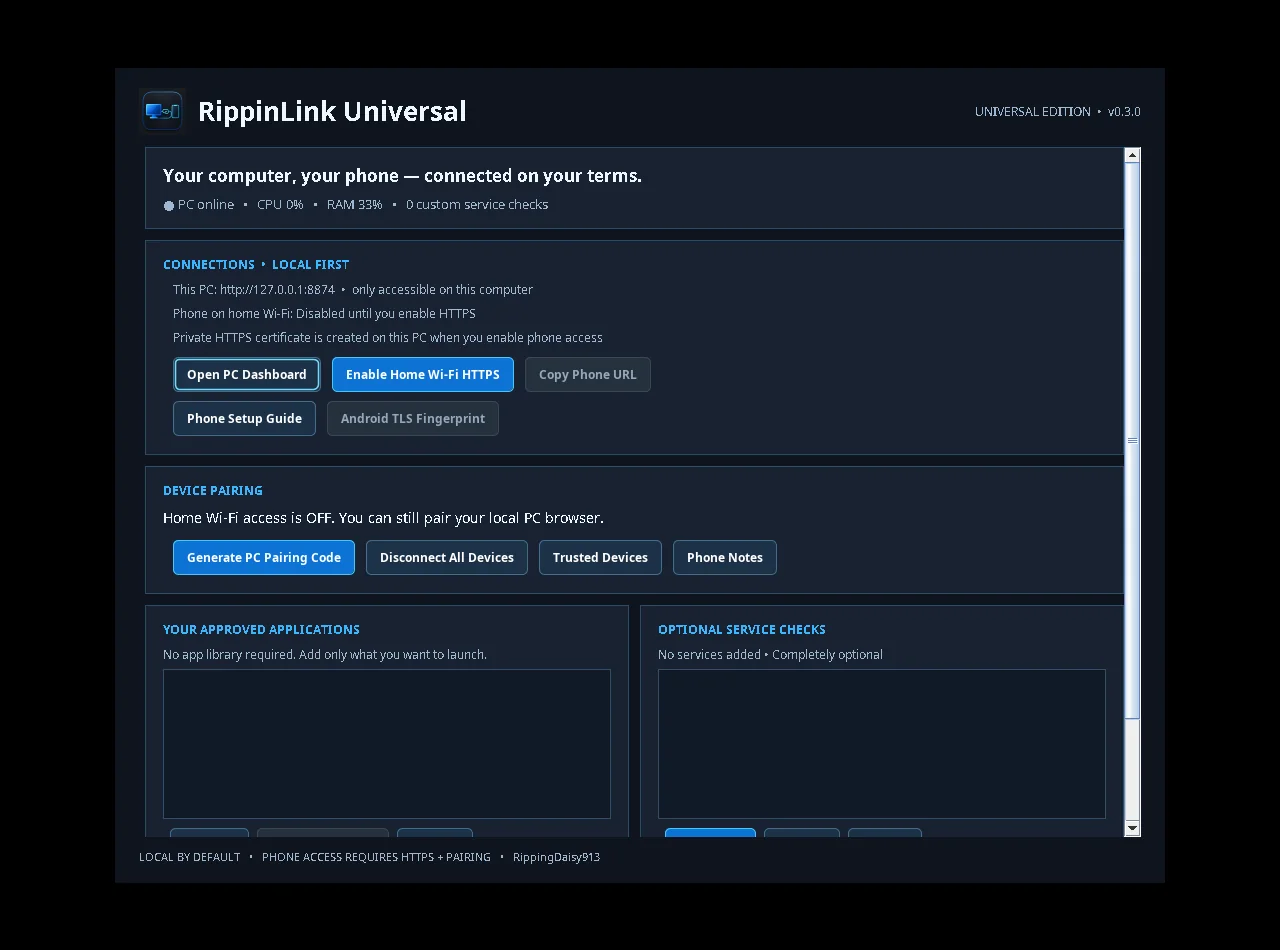RippinLink Universal Windows dashboard — 0.3.0 test capture